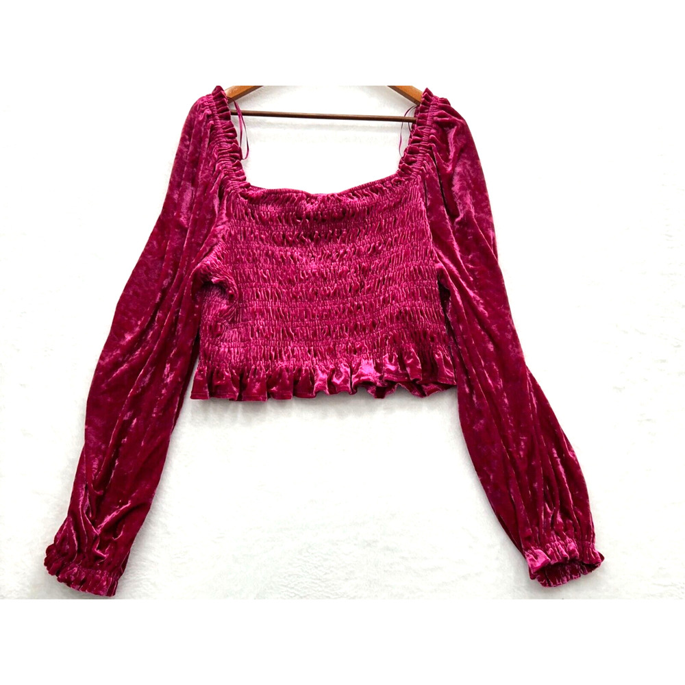 NWT En Saison Crushed Velvet Crop Top Smocked Long Sleeve Hot‎ Pink Plus Size 2X